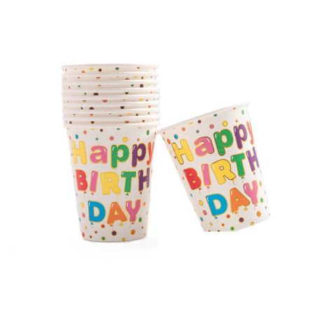 Set 10 Pahare, Cyrax, Imprimeu Happy Birthday, din Carton, 250 ml, 7.5 x 8.5 cm, Multicolor