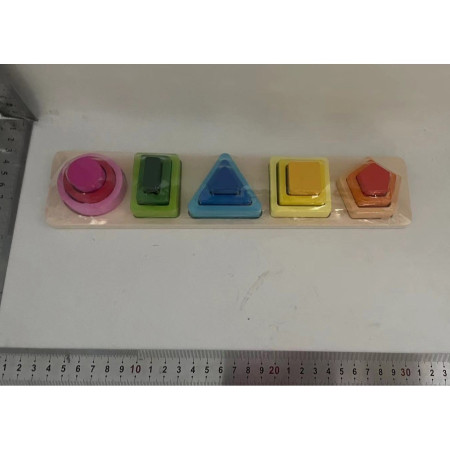 Jucarie Montessori din Lemn, Cyrax, Tip Puzzle, cu 5 Forme Asimetrice, 15 Piese, Educativa, Interactiva, Creativa, Model Forme Geometrice, Materiale Non Toxice, +2 Ani, 29x6.5 cm, Multicolor