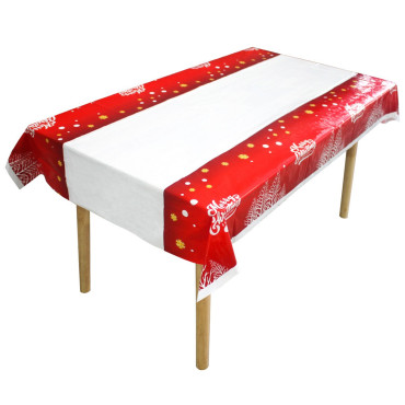 Fata de masa dreptunghiulara Cyrax, PVC, 2.5 mm grosime, imprimeu Merry Christmas, potrivit pentru Craciun, utilizare multipla, 180 x 108 cm, alb