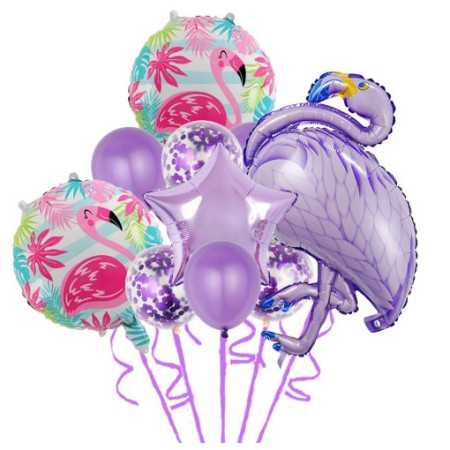 Set Baloane party aniversare, Cyrax, din Folie de aluminiu si Latex, set din 10 baloane Flamigo Party, 1 stea, 5 baloane latex, 2 rotunde, 60 -90 cm, Mov