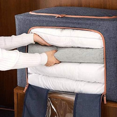 Cutie de depozitare pliabila,  Cu fermoar, 66 L, Textil, 50x40x33 cm, Albastru Marin, Cadru Metalic, Suport Baza Stabil din Plastic, Cu doua ferestre