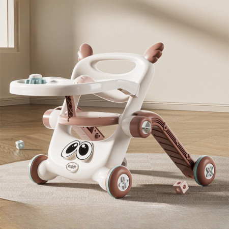 Antemergator pentru Copii 8 in 1, Cyrax, Multifunctional, cu Maner de Impingere Detasabil, Scuter, Trotineta, Scaun Reglabil, Tavita Detasabila, Stabil, Antiderapant, 4 Roti, 56x44x64cm, 9-12 Luni, Maro