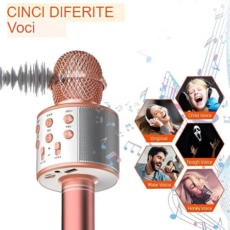 Microfon Karaoke, Cyrax, pentru Copii, Bluetooth, Boxa Incorporata, Compatibil cu Orice Smartphone, Acumulator Integrat, Multifunctional, Rose Gold