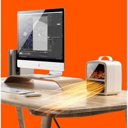 Mini Aeroterma Portabila,  Display LCD, Flacara Tip Semineu, 1500W, 2 Trepte, Oprire Automata, 22 x 22 x 15 cm, Alb