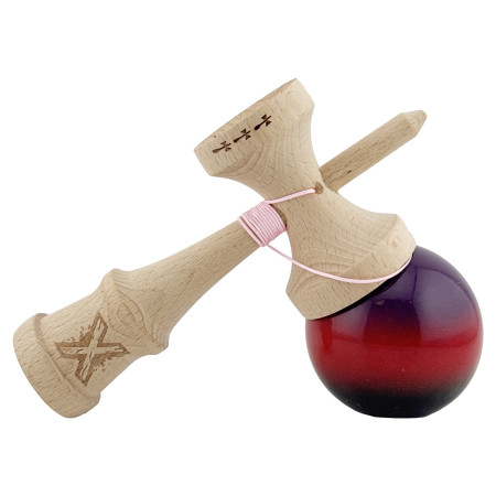 Kendama X Originala, Profesionala, Cyrax, Big Cups V2, Super Sticky Cupe Mari, Rulment Metalic cu Ata 55 cm, Mov/Rosu/Negru