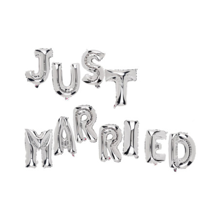 Set Baloane din Folie Metalizata, Cyrax, Figurine Litere, Model Just Married, Tema Nunta, 40 cm, Baloane Party, Ambalaj Individual, Pai inclus, Umflare cu Aer sau Heliu, Argintiu