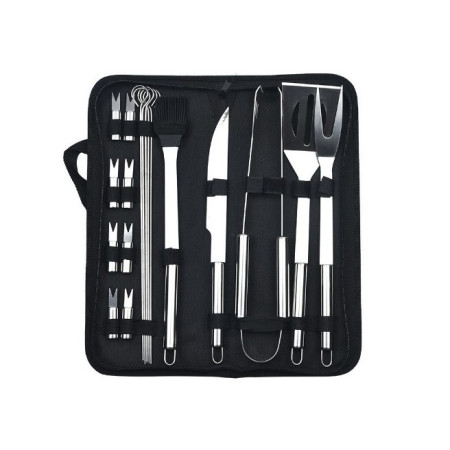 Set 18 Ustensile pentru Gratar, Cyrax, din Otel Inoxidabil, Geanta Oxford, Argintiu