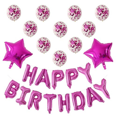 Cyrax Set 12 Baloane si 1, Set pentru Aniversare, mesaj Happy Birthday, din folie de aluminiu, 30 -45 cm, Cu paiete, latex si folie, Roz