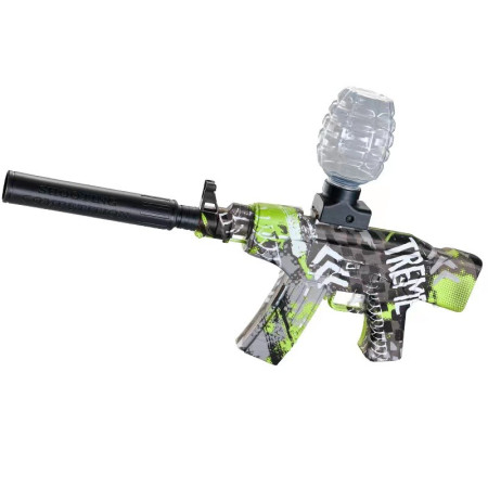 Mitraliera de jucarie electrica Cyrax cu bile de hidrogen de gel, gun bluster, tragere in rafala, varsta peste 6 ani, sageti cu ventuze de spuma, amortizor, ochelari de protectie,  5000 de bile incluse, cablu de incarcare, 28x31 cm, AK47, verde