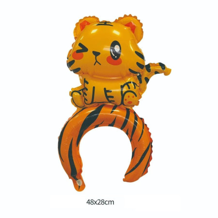 Balon din Folie Metalizata, Cyrax, Tip Coronita, Model Tigru, Ambalaj Individual, Pai Inclus, Umflare cu Aer sau Heliu, 48 x 28 cm, Portocaliu