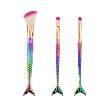 Set 3 Pensule pentru Machiaj Cyrax, in Forma de Sirena, Electroplacate, Detalii Fine, Maner Ergonomic, Peri din Fibra Moale, Multicolor