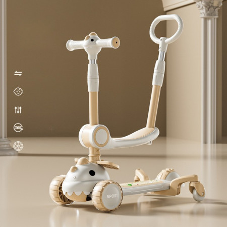 Trotineta Multifunctionala 6 in 1, Cyrax, Pentru Copii De La 10 Luni Pana La 12 Ani, Cu Maner De Impingere, Reglabil 360, Pliere Usoara, Reglarea Inaltimii, Model Dinozaur, Alb/Bej