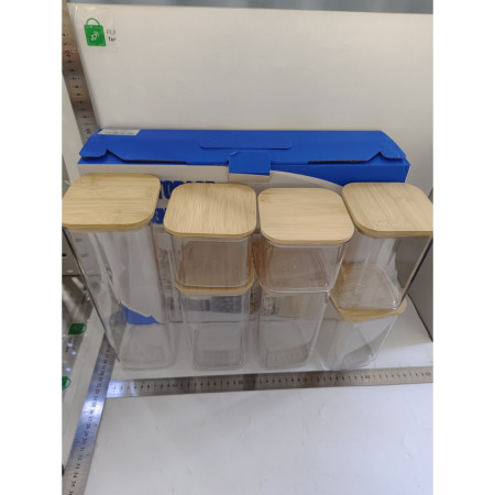 Cutii de Depozitare Alimente, Cyrax, Set din 7 Cutii de tip Container, Cutii pentru Cereale, din Plastic, Capac din Bambuc, 2pc 0.5 l, 2pc 0.8 l, 2pc 1.2 l, 1pc 2.5 l, Transparente