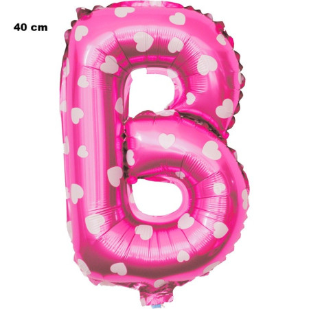 Balon Folie Metalizata Litera B, Cyrax, 40 cm, Cu Imprimeu Inimioare, Umflati cu Heliu sau Aer, Ambalaj Individual, Pai inclus, Roz