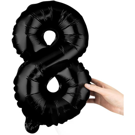 Balon din Folie Metalizata Cyrax, Figurina Cifra, Tema Aniversare 40 cm, Ambalaj Individual, Pai inclus, Umflare cu Aer sau Heliu, Negru, Cifra 8