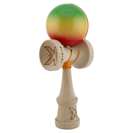 Kendama X Originala, Profesionala, Cyrax, Big Cups V2, Super Sticky Cupe Mari, Rulment Metalic cu Ata 55 cm, Verde/Galben/Rosu