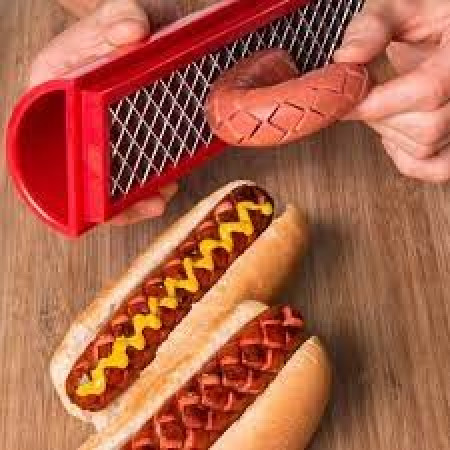 Feliator manual pentru hot-dog Cyrax, crestare carnati si hot-dog, manual, potrivit pentru gratar, 29.5 x 6.5 cm, din inox si ABS, rosu