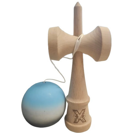 Kendama X Originala, Profesionala, Cyrax, Rubber Grip, din Lemn, 18 cm, Albastru/Alb/Negru