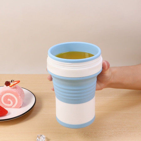 Pahar pliabil din silicon Cyrax, pentru calatorii, camping, 750 ml, pai inclus, 11.6 x 19.3 cm, albastru