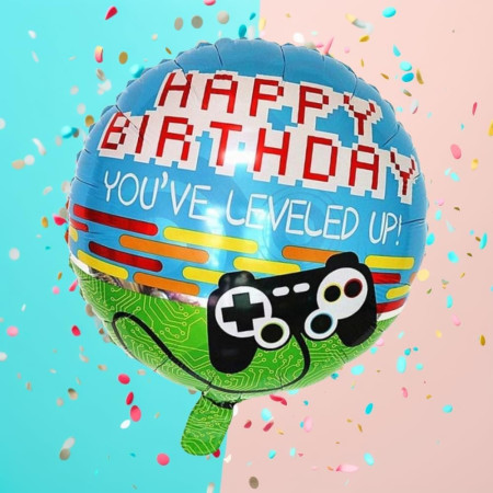 Balon din Folie Metalizata, Cyrax, Mini Figurina Rotunda, Model Happy Birthday Gamer, Tema Aniversare, 45 cm, Ambalaj Individual, Pai inclus, Umflare cu Aer sau Heliu, Albastru
