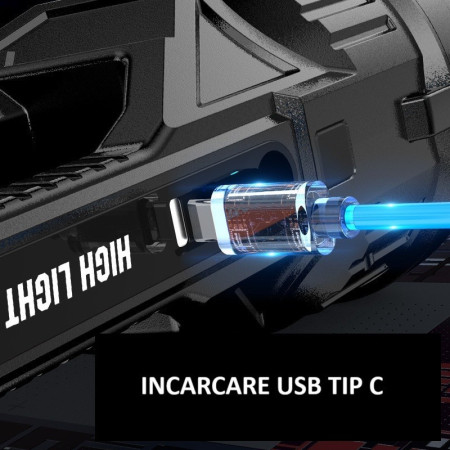 Lanterna LED,  Incarcare USB, Autonomie 8-24h, 2 Surse de Lumina, Principal si Lateral, Raza Maxima 100-200 m, COB, 5W, 23 x 10 x 10 cm, Galben