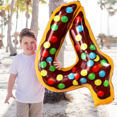 Balon din Folie Metalizata Cyrax, Figurina Cifra, Imprimeu Gogosi, Tema Aniversare 100 cm, Ambalaj Individual, Pai inclus, Umflare cu Aer sau Heliu, Multicolor, Cifra 4