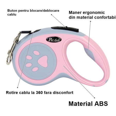 Lesa Automata Retractabila,  pentru Caini, 5m, 20 kg, ABS, Roz/Gri, 8x12x4 cm