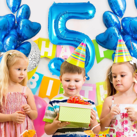 Balon din Folie Metalizata, Cyrax, Figurina Cifra, Tema Aniversare 100 cm, Ambalaj Individual, Pai inclus, Umflare cu Aer sau Heliu, Albastru, Cifra 5