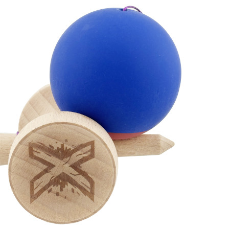 Kendama X Originala, Profesionala, Cyrax, Rubber Grip, Cupe Mari KING SIZE V3, Gaura in Baza, Rulment Metalic, din lemn 18 cm, Ata 62/65 cm, Bicolor Albastru inchis/Rosu