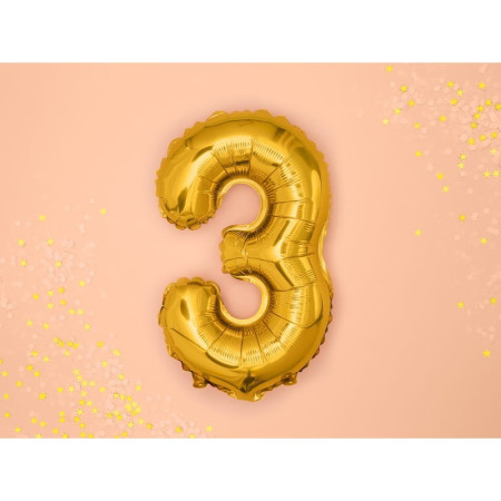 Balon din Folie Metalizata Cyrax, Figurina Cifra, Tema Aniversare 100 cm, Ambalaj Individual, Pai inclus, Umflare cu Aer sau Heliu, Auriu, Cifra 3