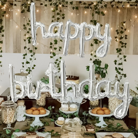 Set Baloane din Folie Metalizată, Cyrax, Model Happy Birthday, 45x85 cm, 45x124cm, Baloane Party, Ambalaj Individual, Pai inclus, Umflare cu Aer sau Heliu, Argintiu