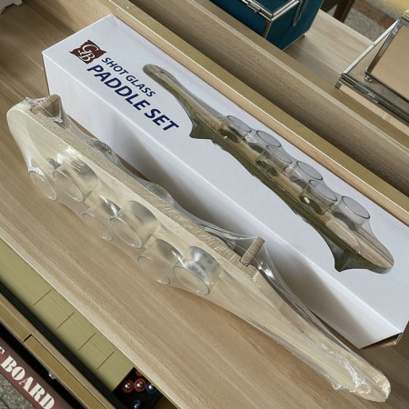 Pahare Shot din Sticla, Cyrax, Set 6 pahare pentru Shot cu Suport din Lemn, Design Rustic, 41 x 8.5 x 6 cm, Model 2, Maro