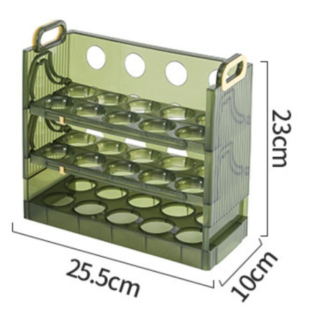 Suport Organizator pentru Oua, Cyrax, pentru Frigider, Verde transparent, Capacitate 30 oua, Trei straturi, cu Data de Expirare, 25.5x10x23 cm