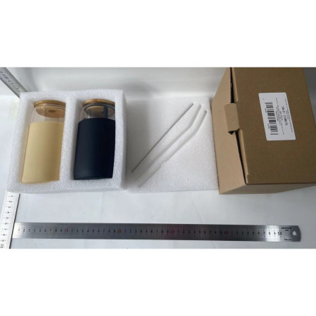 Set 2 Pahare din Sticla Termoizolante Transparente, Cyrax, Capace si Paie Incluse, 500 mL, Silicon Negru si Crem